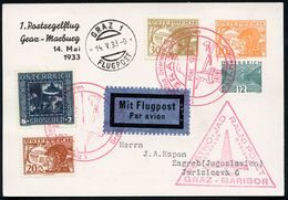 ÖSTERREICH 1933 (14.5.) PP 10 Gr. Pilot + 12 Gr. Traunsee: 1.Postsegelflug/Graz - Marburg, 2x Roter SSt:GRAZ (1x Mittig  - Vliegtuigen