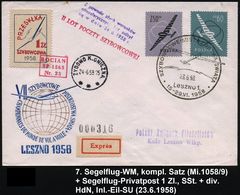 POLEN 1958 (23.6.) "7. Segelflug-WM", Kompl. Satz + Segelflug-Marke 1 Zl. + Entspr. SSt: LESZNO 1  + Div. HdN: BOCIAN SP - Aerei