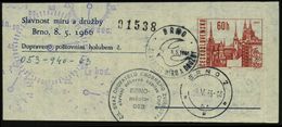 TSCHECHOSLOWAKEI 1966 (8.5.) 60 H. Pigeongramm "Prag", Karmin: Briefmarkenausstellung Brno (Brünn) Mit Tauben-SSt + Minu - Aerei