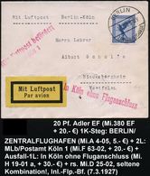Berlin /  Köln 1927 (7.6.) Roter 1L: In Köln Ohne Fluganschluss , EF 20 Pf. Adler (Mi.380 , EF + 20.-EUR) 1K: BERLIN/ZEN - Vliegtuigen