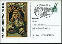 8630 COBURG 1/ TAG DER/ BRIEFMARKE/ 1.GLOBUS/ MARTIN BEHAIM 1992 (25.10.) SSt = Behaim-Globus Auf Motivgl. PP 60 Pf. Bav - Aardrijkskunde