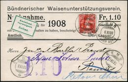 SCHWEIZ 1908 (6.11.) PP 10 C. Helvetia, Rot: Bündnerische Waisenunterstützungsverein , 2K: CHUR/FAHRP. AUFG. + Grüner Au - Andere & Zonder Classificatie