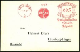 HALLE (SAALE)/ 2/ PESTA/ Pestalozzibuchhandlung/ Linke & Co/ Postzentrale 1928 (11.9.) Seltener AFS (Logo) Inl.-Kt. (Dü. - Andere & Zonder Classificatie