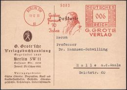 BERLIN SW/ 11/ Gustav/ Frenssen/ 70/ Jahre/ G.GROTE/ VERLAG 1933 (19.12.) Seltener Jubil.-AFS (= Brustbild G. Frenssen,  - Escritores