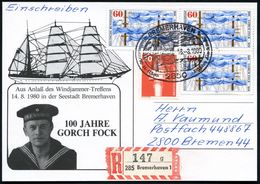 2850 BREMERHAVEN 1/ ..100 JAHRE "Gorch Fock" 1980 (16.8.) SSt Auf 3 X 60 Pf. Gorch Fock (Mi.1058 Etc.) + RZ: 285 Bremerh - Scrittori