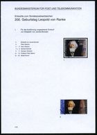 B.R.D. 1995 (Sept.) 80 Pf. "200.Geburtstag Leopold V. Ranke", 22 Verschied. Color-Entwürfe D. Bundesdruckerei Auf 4 Entw - Scrittori