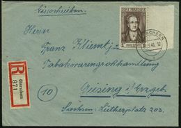 FRANZÖS. ZONE 1946 (27.3.) 1.- Mk. Goethe, EF, Rechtes Randstück , Klar Gest. 2K + RZ: Oberachern, Gering überfrankierte - Writers