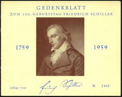 (14a) MARBACH (NECKAR)/ 200. GEBURTSTAG FRIEDR.SCHILLERS 1959 (10.11.) SSt Auf 20 Pf. Schiller Berlin In Gedenk-Faltblat - Ecrivains