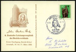 5210 ARNSTADT 1/ J.S.Bach/ 1685-1985/ 2.REGION.BRIEFM.-AUSSTELLUNG.. 1985 (21.3.) SSt = Brustbild Bach, EF 10 Pf. Bach-D - Muziek