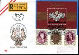 ÖSTERREICH 1992 (27.3.) 5,50 S. Block "150 Jahre Wiener Philharmoniker" + Zus.Dr. Aus Mozart-Block 5 S. + Zf. + 5 S. (Mi - Música