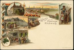 Fürth 1898 (21.3.) PP 5 Pf. Wappen Grün: FÜRTHER Kichweih = Musikanten Mit Harfe, Karussel, Bierkrüge (u. Hotels, Regnit - Music