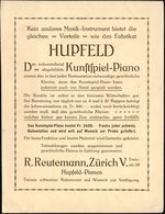 SCHWEIZ 1910 (11.6.) Reklame-PP 2 C. Tellknabe, Oliv: HUPFELD.. Kunstspiel-Piano.. R. Reutemann, Zürich (= Mechanische K - Muziek