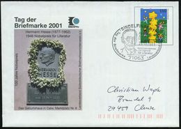 71063 SINDELFINGEN 1/ Herm./ Hesse/ Nobelpreis/ Für Literatur/ Tag D.Briefmarke 2001 (28.10.) SSt = Kopfbild Hesse, Lite - Nobelprijs