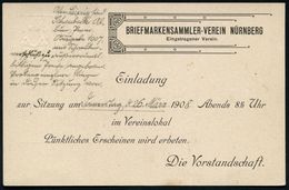 Nürnberg 1908 (24.3.) PP 3 Pf. Wappen Braun: BRIEFMARKEN-SAMLERVEREIN NÜRNBERG/Einladung.. (zur Sitzung) Orts-Karte (Fre - Esposizioni Filateliche