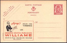 BELGIEN 1945 75 C. Reklame-P ,lilarot: ..VENTES PUBLIQUES/WILLIAME (Auktionator Mit Hammer U. Albumblatt) Ungebr., Selte - Exposiciones Filatélicas