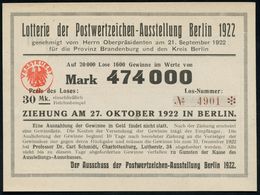 Berlin 1922 (Sept.) Lotterie-Los 30 Mk. "Postwertzeichen-Ausstellung 1922" (rs. Reklame Max Lehmann Phila-Handel) Gute E - Exposiciones Filatélicas