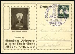 MÜNCHEN/ POSTWERTZEICHENAUSSTELLUNG 1935 (9.9.) Viol. SSt = Türme Der Frauenkirche Auf Ausst.-Sonderkt. "Müpa": Armeemus - Esposizioni Filateliche