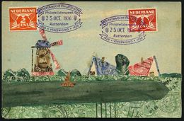 NIEDERLANDE 1936 (25.10.) Viol. SSt.: Rotterdam/Philatelistenweek.. (2 Blumen) 2x Auf Briefmarken-Collage-Ak.: Windmühle - Filatelistische Tentoonstellingen
