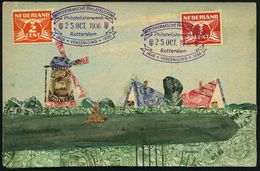 NIEDERLANDE 1936 (25.10.) Viol. SSt.: Rotterdam/Philatelistenweek.. (2 Blumen) 2x Auf Briefmarken-Collage-Ak.: Windmühle - Briefmarkenausstellungen