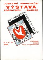 TSCHECHOSLOWAKEI 1935 (9.3.) Grüner SSt.: PRAHA 1/10 LET SPOLKU NEODYISLYCH FILATELISTU.. Auf Color-Jubil.-Sonder-Kt.: 9 - Briefmarkenausstellungen