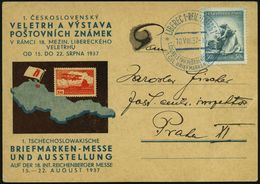 TSCHECHOSLOWAKEI 1937 (18.8.) Blauer SSt.: LIBEREC 1- REICHENBERG 1/..1.CSL. BRIEFMARKEN-MESSE (zwei-sprachig) Auf Dekor - Filatelistische Tentoonstellingen