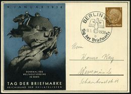 BERLIN W62/ WHW/ B/ Tag Der Briefmarke 1938 (9.1.) SSt Auf PP 3 Pf. Hindenbg., Braun: TAG DER BRIEFMARKE.. = UPU-Denkmal - Dag Van De Postzegel