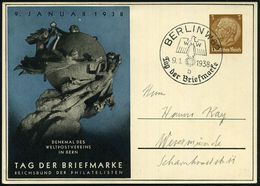 BERLIN W62/ WHW/ B/ Tag Der Briefmarke 1938 (9.1.) SSt Auf PP 3 Pf. Hindenbg., Braun: TAG DER BRIEFMARKE.. = UPU-Denkmal - Día Del Sello