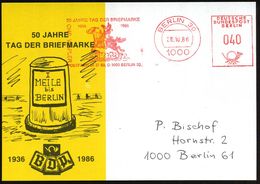 1000 BERLIN 30/ 50 JAHRE TAG DER BRIEFMARKE/ 1936.. 1986 (26.10.) AFS 040 Pf. (Postreiter) Orts-Jubil.-Sonder-Karte: 50  - Giornata Del Francobollo