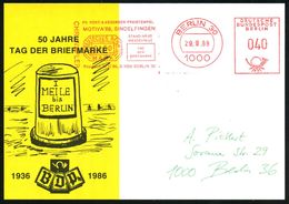 1000 BERLIN 30/ ..MOTIVA'88 SINDELFINGEN/ ..TAG(DER/ BRIEFMARKE... 1988 (29.9.) Seltener AFS 040 Pf. = Infla-Versuchs-Fr - Giornata Del Francobollo