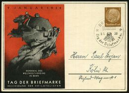 BRESLAU I/ ..R.d.Ph./ Tag D.Briefmarke 1938 (9.1.) SSt Auf PP 3 Pf. Hindenbg., Braun: TAG DER BRIEFMARKE.. = UPU-Denkmal - Giornata Del Francobollo