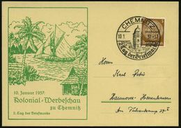 CHEMNITZ/ 2.Tag D.Briefmarke 1937 (10.1.) SSt = "Roter Turm" Klar Auf Grüner Sonder-Kt.: Kolonial-Werbeschau.., 2. Tag D - Giornata Del Francobollo