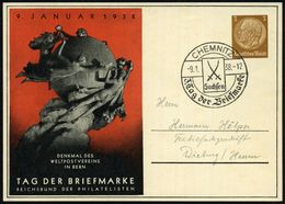 CHEMNITZ/ Sachsen/ 3.Tag Der Briefmarke 1938 (9.1.) SSt Auf PP 3 Pf. Hindenbg., Braun: TAG DER BRIEFMARKE.. = UPU-Denkma - Dag Van De Postzegel