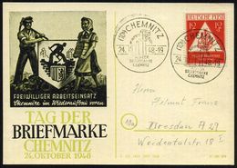 (10b) CHEMNITZ/ IM AUFBAU VORAN !/ TAG DER/ BRIEFMARKE 1948 (24.10.) SSt (3 Schlote) Auf EF 12 + 3 Pf. Tag Der Briefmark - Dag Van De Postzegel