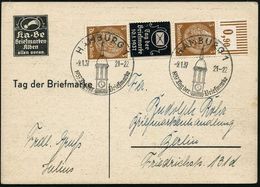 HAMBURG 1/ Tag D.Briefmarke 1937 (9.1.) SSt (Uhrturm Kirche "St. Michael") 2x Auf. Vertikalem Reklame-Zus.Druck 3 Pf. Hi - Tag Der Briefmarke