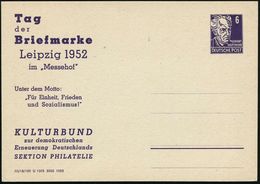 Leipzig 1952 (Okt.) PP 6 Pf. G. Hauptmann:  "Tag Der Briefmarke, Leipzig Im Messehof.. Für Einheit, Frieden.." , Ungebr. - Giornata Del Francobollo