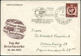 LEIPZIG C1/ MESSEHOF/ A/ TAG DER BRIEFMARKE/ PHILATELIE/ VÖLKERVERBINDEND.. 1952 (26.10.) FaWSt (Globus) Auf EF 24 Pf. T - Día Del Sello