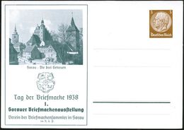 Sorau 1938 (Jan.) PP 3 Pf. Hindenbg., Braun: Tag Der Briefmarke 1938.., "Die Drei Getreuen" = Hauptkirche, Glocken- U. W - Journée Du Timbre