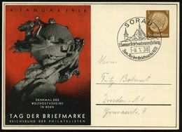 SORAU 1938 (9.1.) SSt Auf  PP 3 Pf. Hindenbg., Braun: TAG DER BRIEFMARKE.. = UPU-Denkmal  R O T (Mi.PP 122/C 70-02) Klar - Giornata Del Francobollo