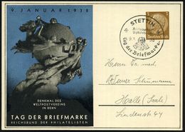 STETTIN/ RdPh/ Tag Der Briefmarke 1938 (9.1.) SSt Auf PP 3 Pf. Hindenburg, Braun: TAG DER BRIEFMARKE = UPU-Denkmal In Bl - Dag Van De Postzegel