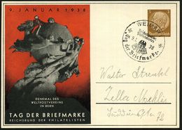 WEIMAR/ RdPh/ Tag D.Briefmarke 1938 (9.1.) SSt Auf PP 3 Pf. Hindenbg., Braun: TAG DER BRIEFMARKE.. = UPU-Denkmal  R O T  - Giornata Del Francobollo