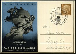 WIESBADEN/ RdPh/ Tag D.Briefmarke 1938 (9.1.) SSt Auf PP 3 Pf. Hindenbg., Braun: TAG DER BRIEFMARKE = UPU-Denkmal  B L A - Día Del Sello