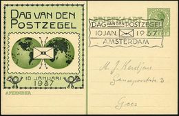 NIEDERLANDE 1937 (10.1.) SSt.: AMSTERDAM/DAG VAN DEN POSTZEGEL (Brief-Symbol) Auf PP 5 C. Wilhelmine, Grün: DAG VAN DEN/ - Giornata Del Francobollo
