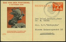 NIEDERLANDE 1938 (9.10.) PP 2 C. Taube, Orange: DAG VAN DEN POSTZEGEL.. = UPU-Denkmal (in Bern) + SSt.: AMSTERDAM/ DAG V - Journée Du Timbre