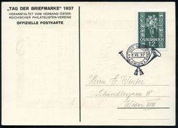 ÖSTERREICH 1937 (12.12.) SSt: WIEN/TAG DER BRIEFMARKE In Form Eines Posthorns , Klar Gest. Color-Sonder-Kt.: SONDERAUSST - Dag Van De Postzegel