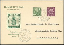 SCHWEDEN 1945 (21.2.) SSt: STOCKHOLM 13/FRIMÄRKETS DAG (Posthorn) Bedarfs-Sonder-Kt.: FRIMÄRKETS DAG  (= 90 Jahre Briefm - Journée Du Timbre