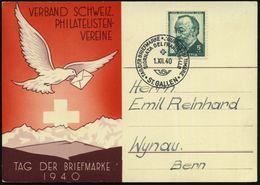 SCHWEIZ 1940 (1.12.) Dreisprachiger SSt.: ST. GALLEN/TAG DER BRIEFMARKE.. (Posthorn) Klar Gest. Inl.-Sonder-Kt.: TAG DER - Giornata Del Francobollo