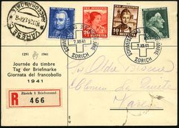 SCHWEIZ 1941 (7.12.) SSt: ZÜRICH/SCHWEIZER TAG DER BRIEFMARKE (Kreuz) Auf Juventute-Satz + RZ: Zürich 1 Briefversand  O  - Giornata Del Francobollo