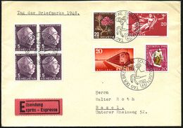 SCHWEIZ 1948 (5.12.) SSt: SCHAFFHAUSEN TAG DER BRIEFMARKE (Widder) 3x Auf Juventute-Frankatur Etc.., Klar Gest. Inl.-Eil - Giornata Del Francobollo