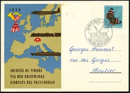 SCHWEIZ 1950 (3.12.) SSt.: GRENCHEN/TAG DER BRIEFMARKE (Zifferblatt Mit Röm. Ziffern, Pfeilspitze) Inl.-Color-Sonder-Kt. - Giornata Del Francobollo