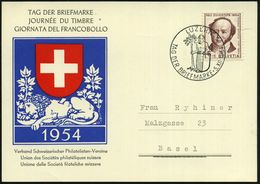 SCHWEIZ 1954 (5.12.) SSt: LUZERN/TAG DER BRIEFMARKE (Riese M.Wappen U. Baum) Color-Sonder-Kt.: Tag Der Briefmarke (Schwe - Giornata Del Francobollo